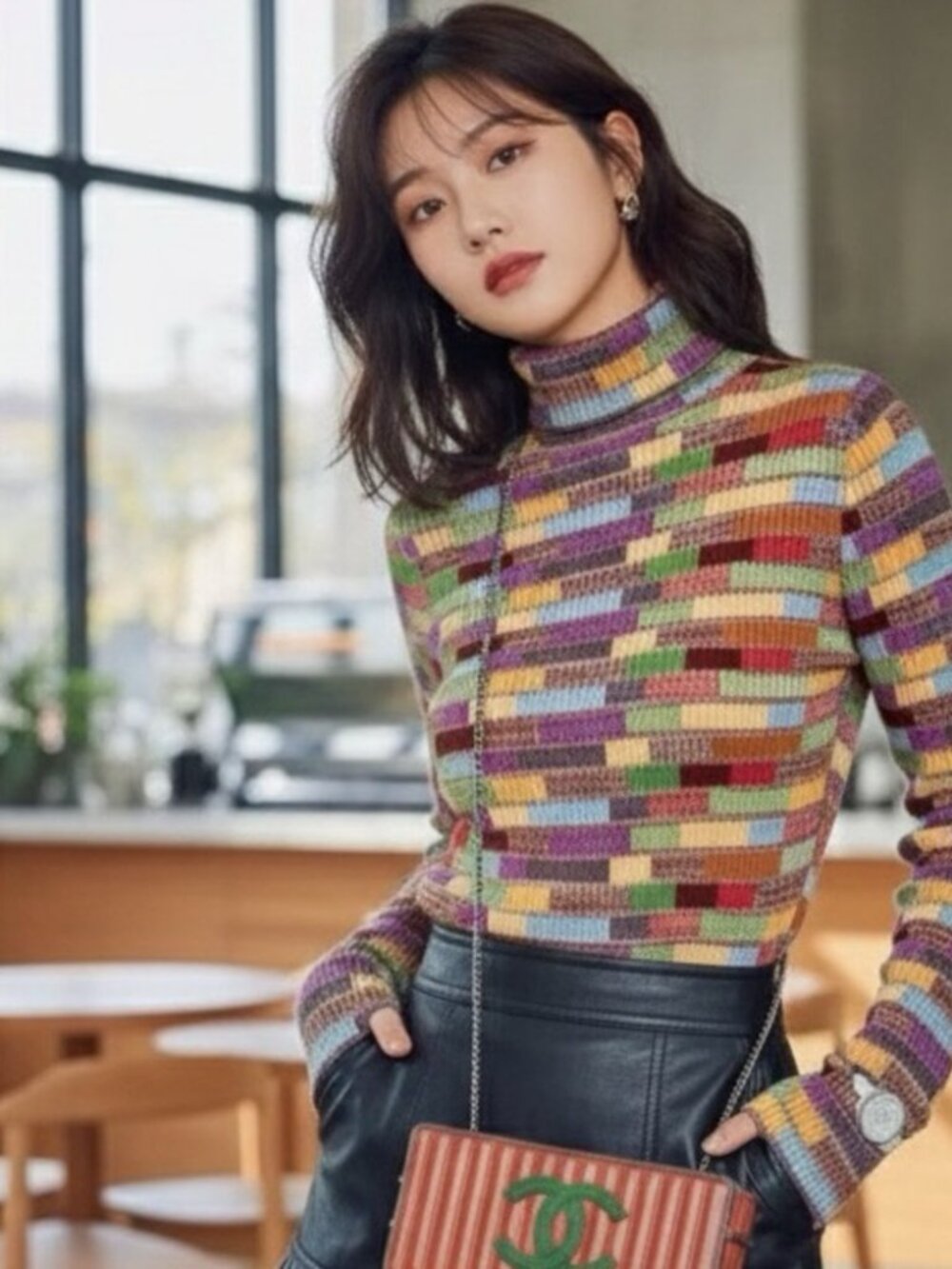 ** Multicolor Ribbed Brick Patterned Wool Blend Turtleneck Sweater Size M